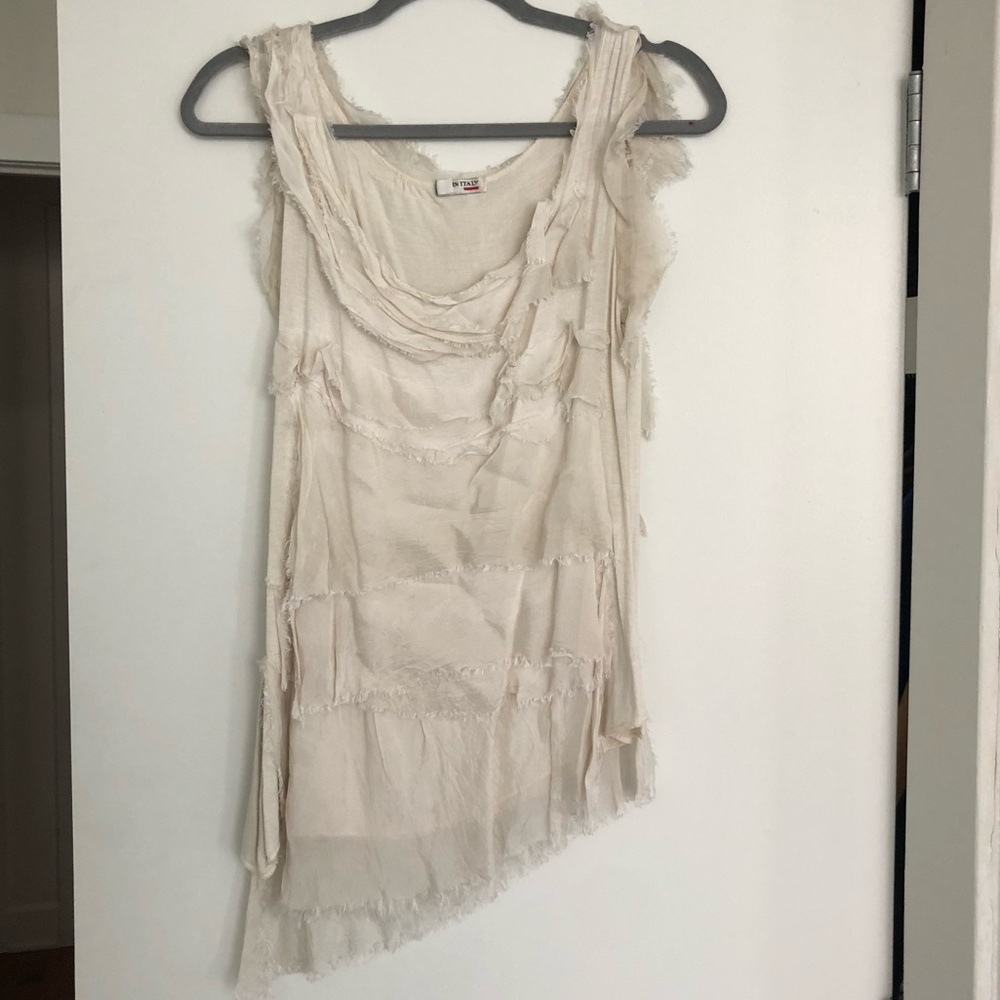 SOLD Italian Boutique Feather Layered Off White Tank Top Asymmetric Hem